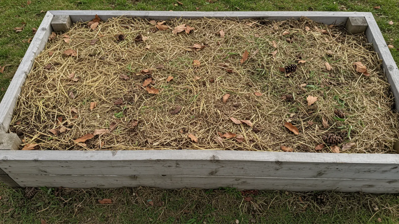 Dry leaves, grass clippings, and straw filling gaps over woody layer in raised garden bed