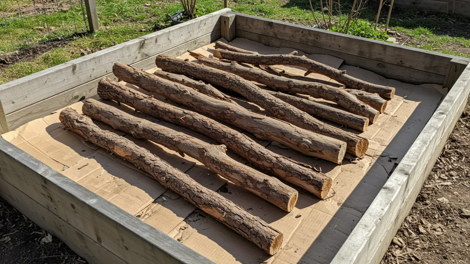 Dry logs and thick branches arranged loosely over cardboard base in raised garden bed