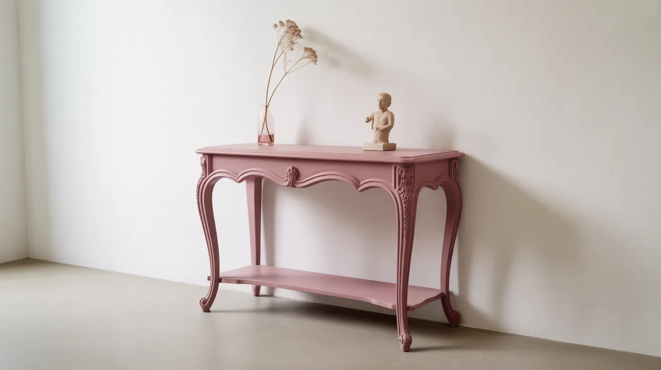 Dusty rose monochrome console table with uniform paint finish styled with minimal ceramic decor.
