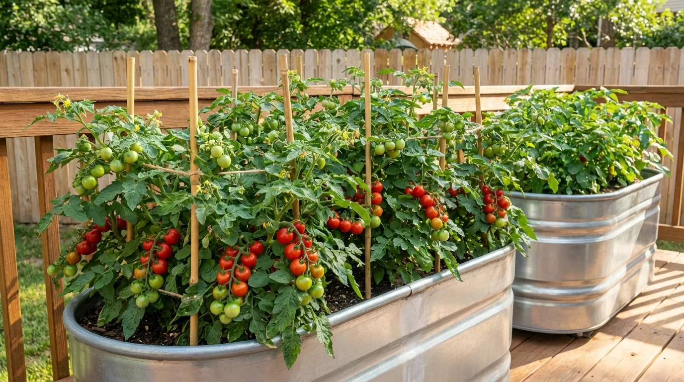 Dwarf cherry tomato plants with red and green fruits growing in large galvanized metal containers on a wooden deck