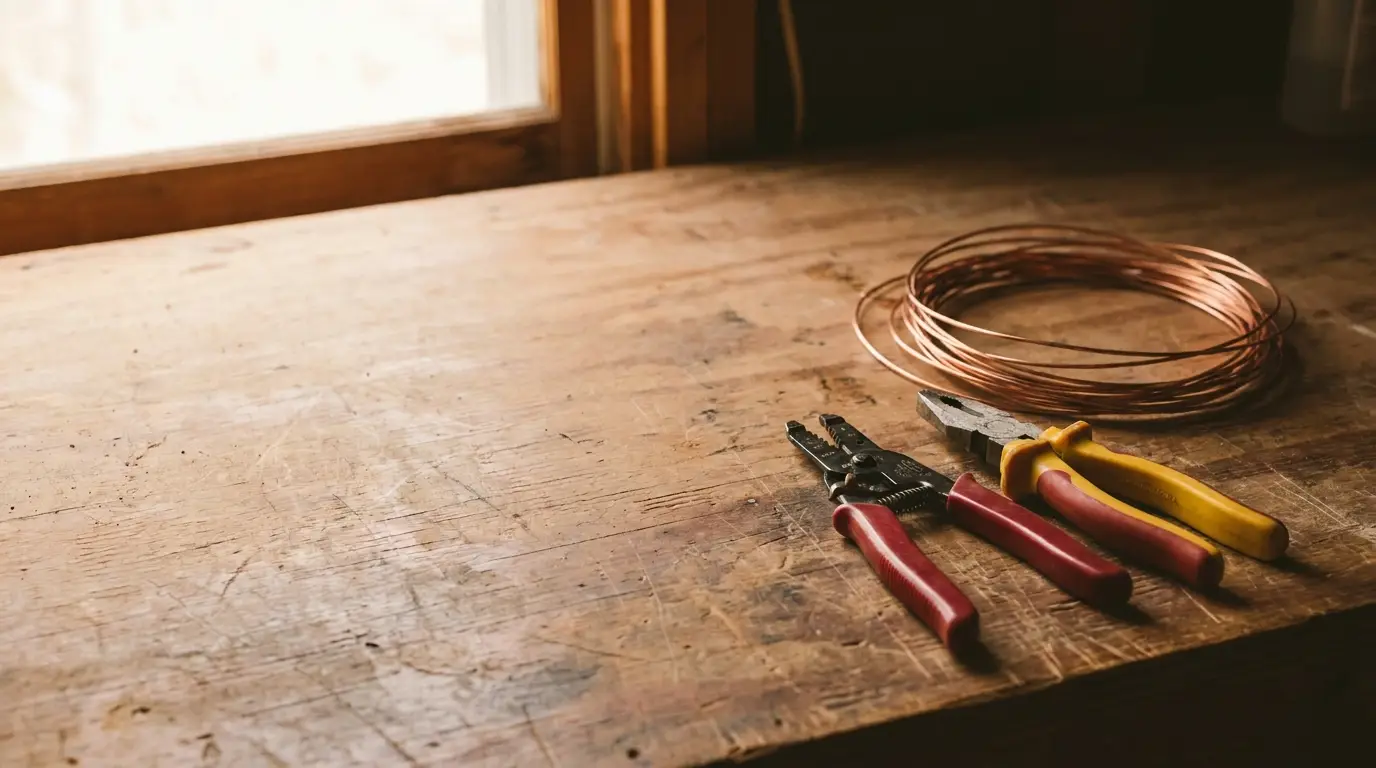 Wire cutters and pliers with coiled copper wire on wooden workbench