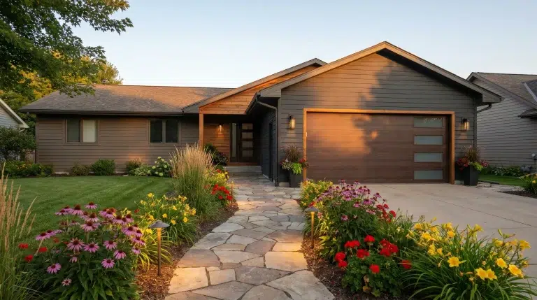 Suburban house with modern garage door, stone walkway, and vibrant garden in evening light
