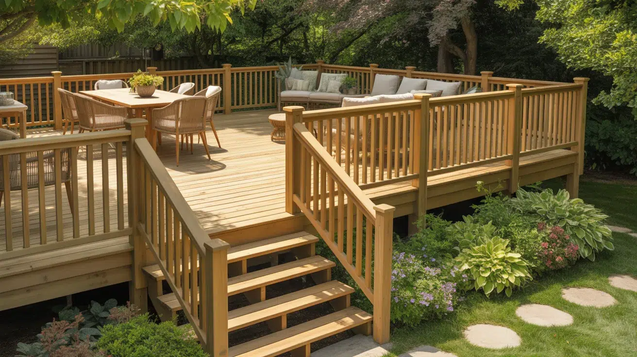Elevated timber deck over a sloped backyard with outdoor seating