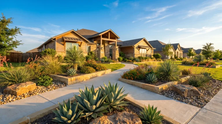 Modern suburban homes with landscaped yards under clear blue sky in warm afternoon light