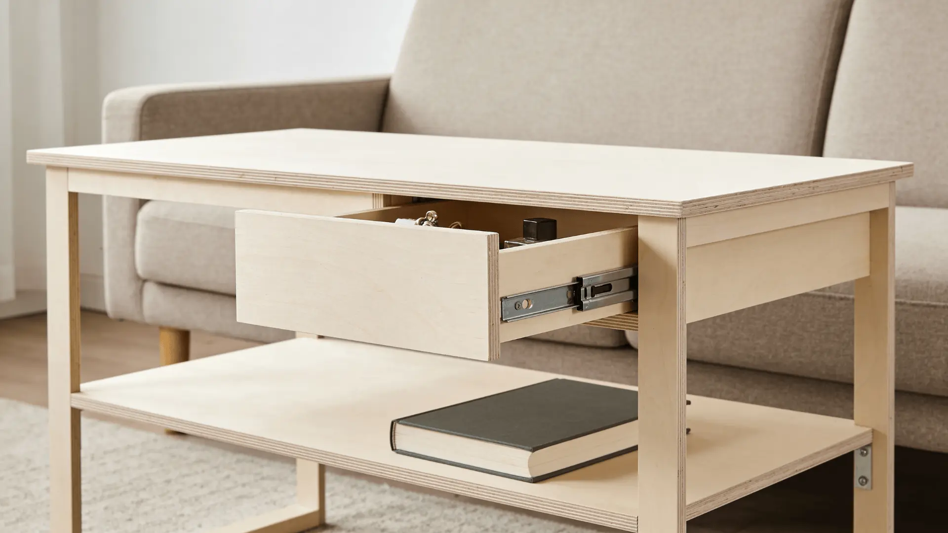 End table with a drawer and lower shelf holding a book and small items beside a sofa