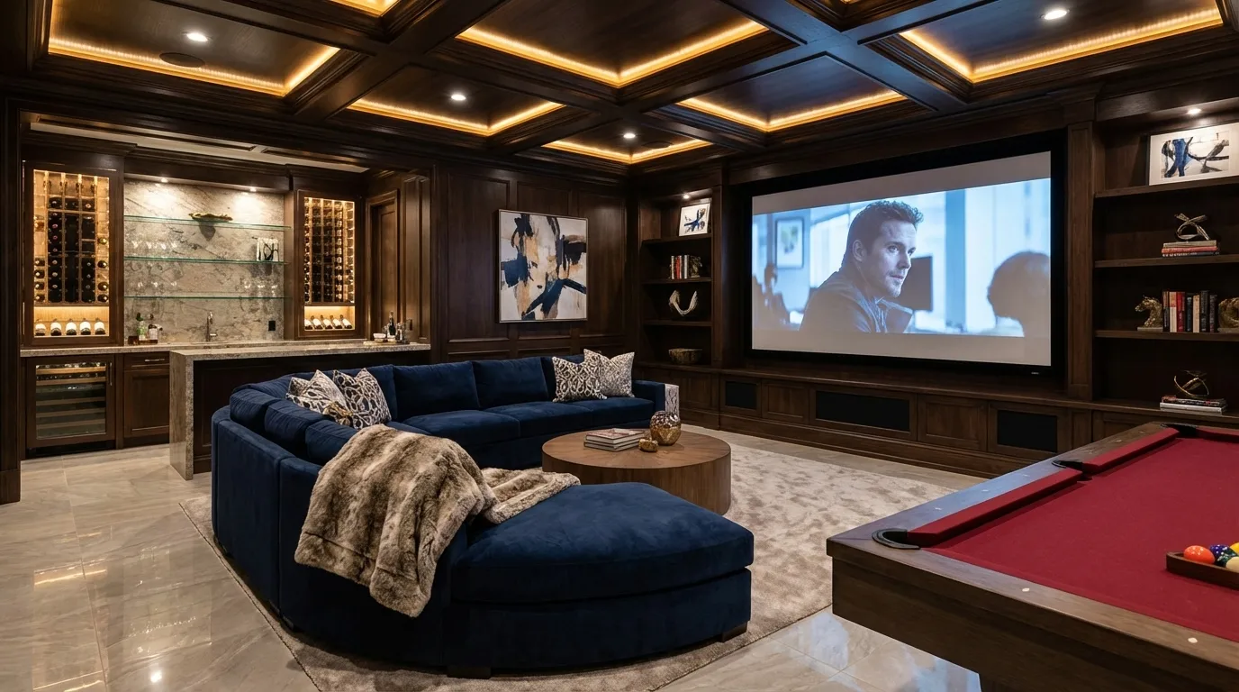 Entertainment basement with navy sectional, projection screen, wine wall, and pool table.