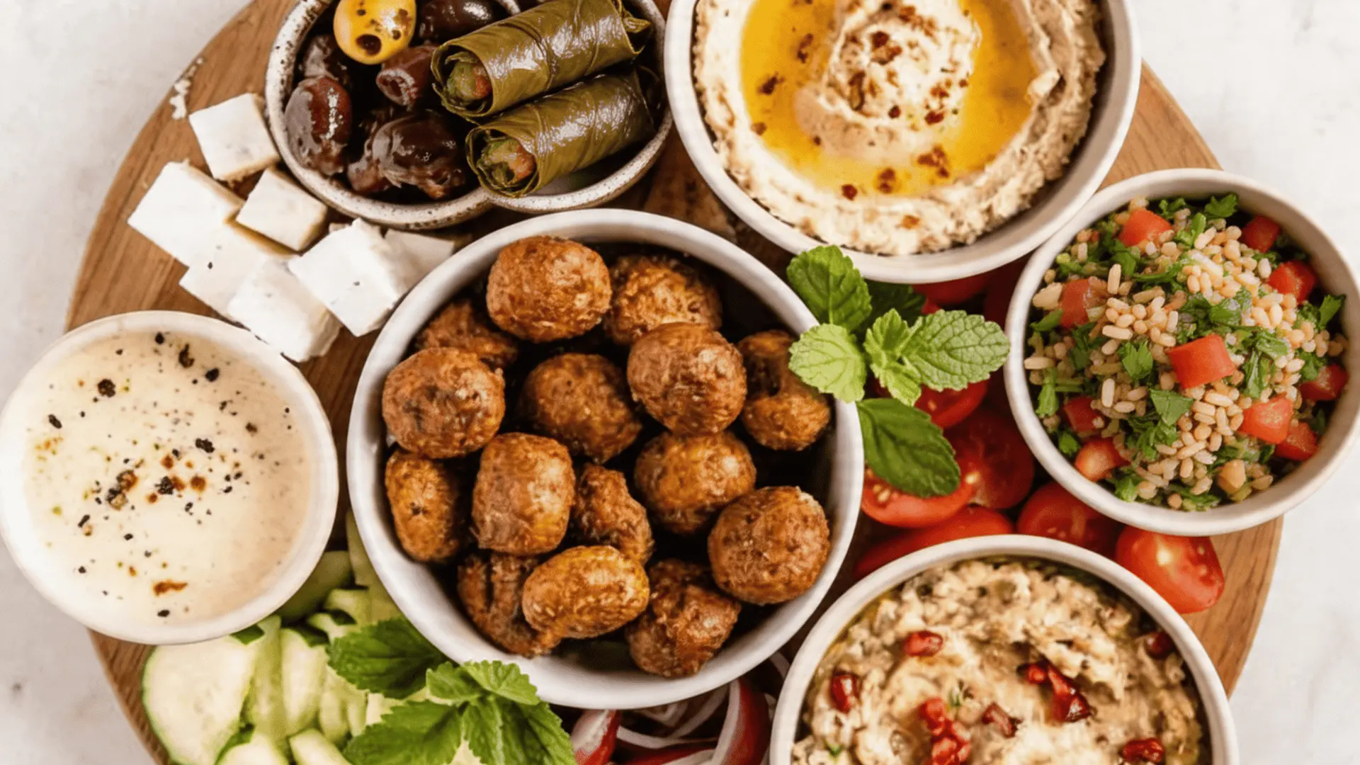 Falafel mezze charcuterie board with crispy falafels, hummus, stuffed grape leaves, fresh pita, and colorful Mediterranean dips on a wooden board.