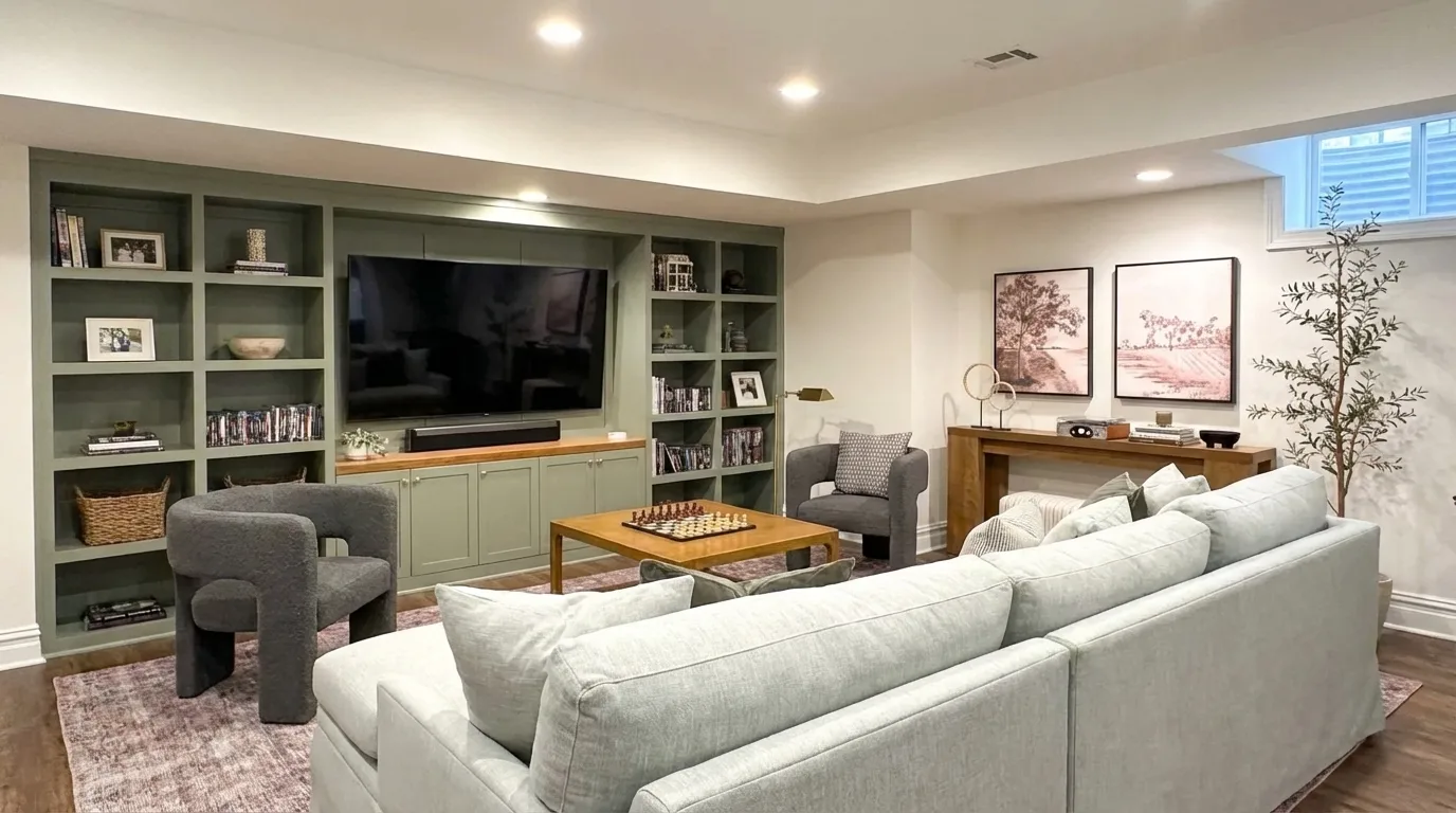 Family lounge basement with gray sectional, green built-ins, large TV, and chess table.