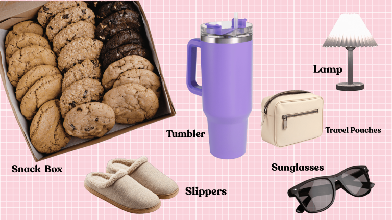 Favorite things party gift ideas including a snack box, tumbler, lamp, slippers, sunglasses, and travel pouch