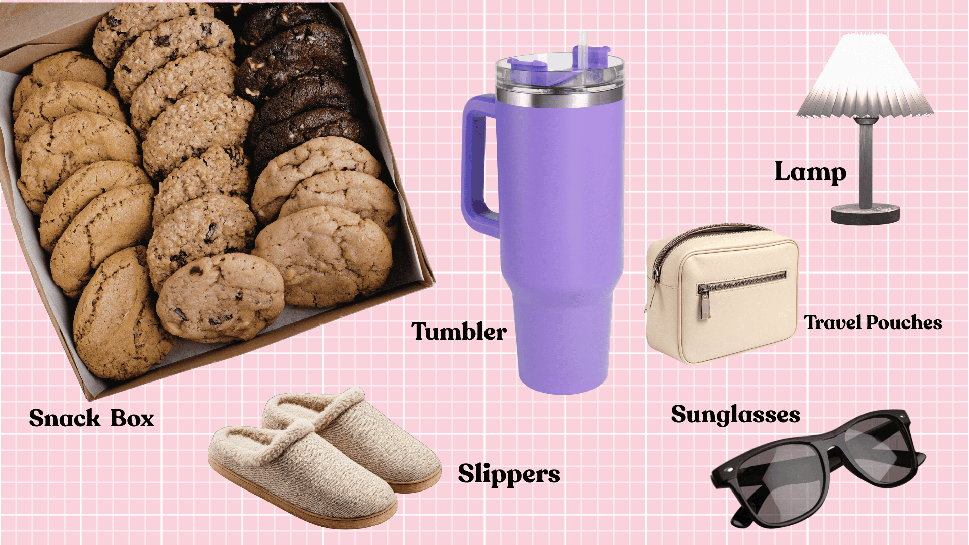 Favorite things party gift ideas including a snack box, tumbler, lamp, slippers, sunglasses, and travel pouch