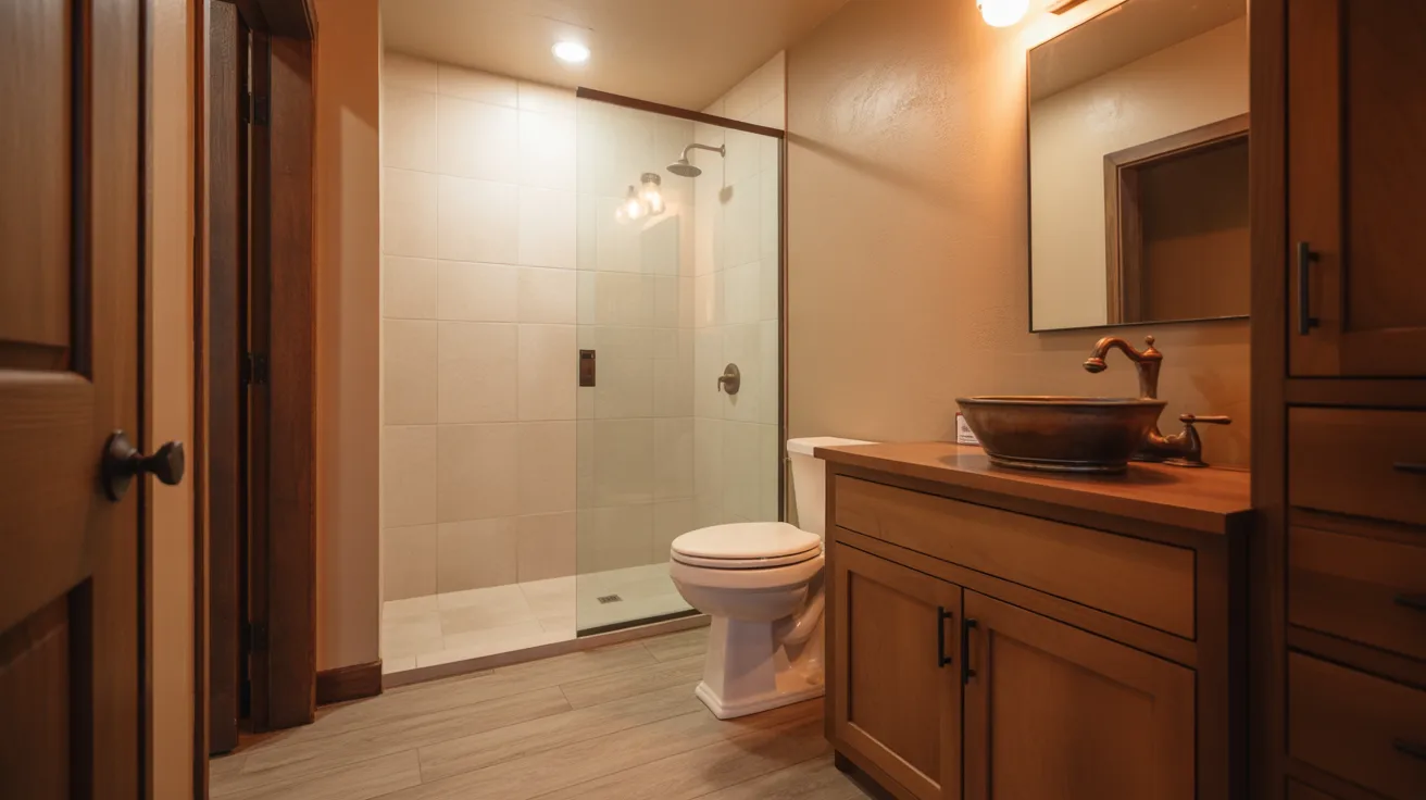 Finished basement bathroom with walk-in shower, wooden vanity, and warm beige walls