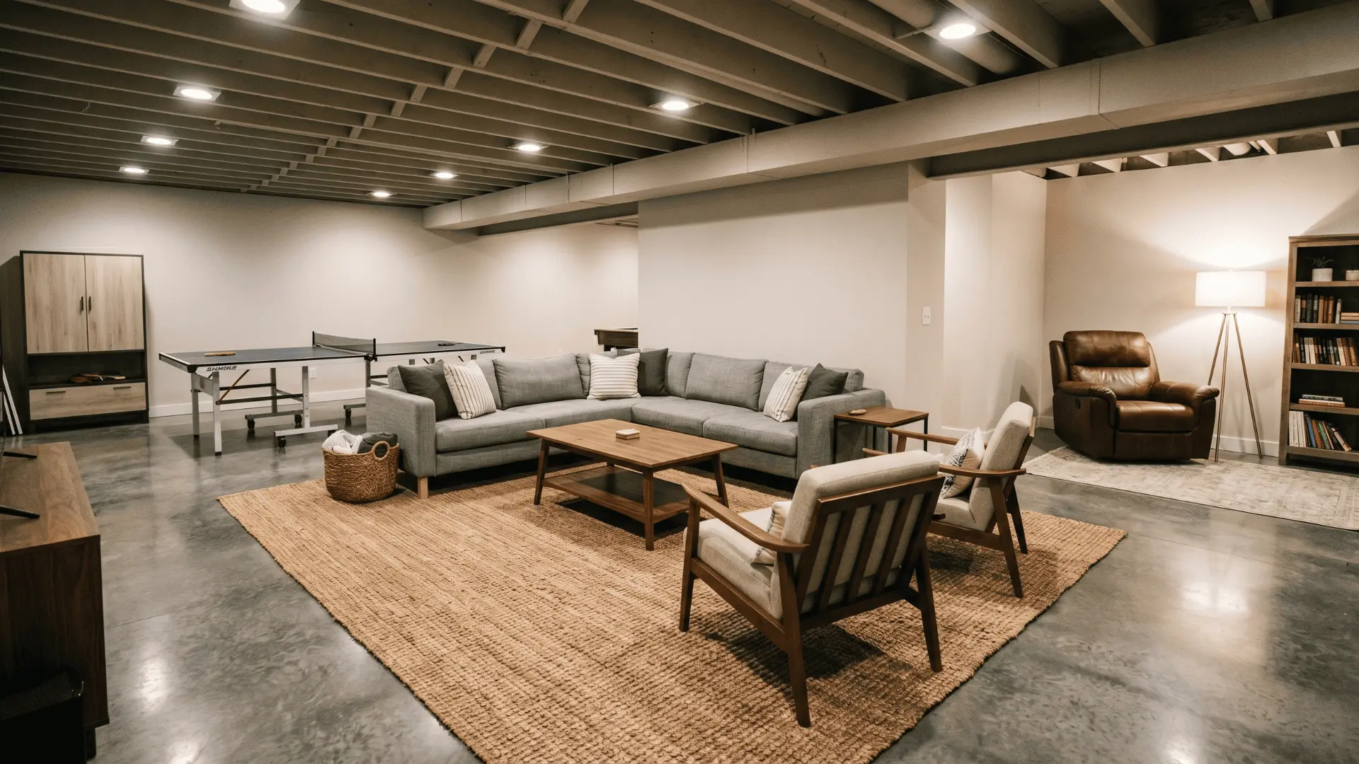 Finished basement divided into separate zones using rugs and furniture groupings (1)