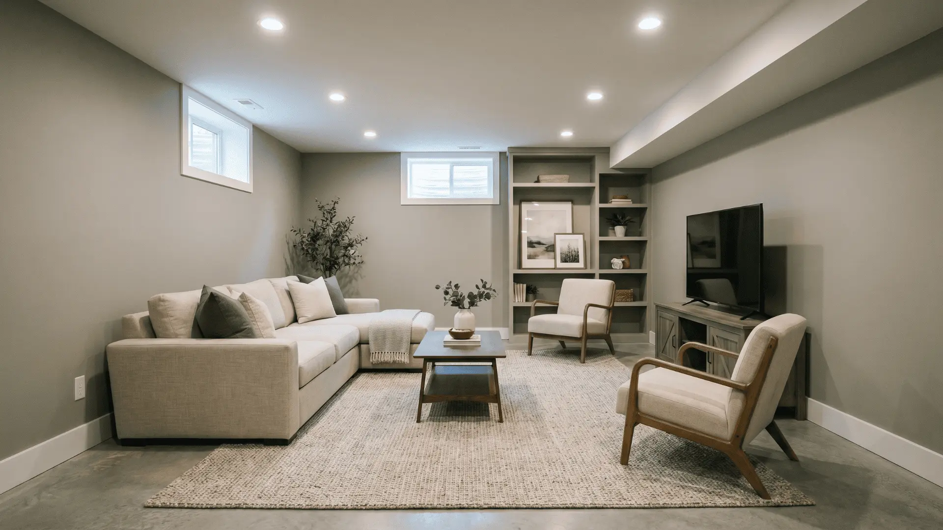 Finished basement lounge with neutral walls, recessed lighting, area rug, and seating