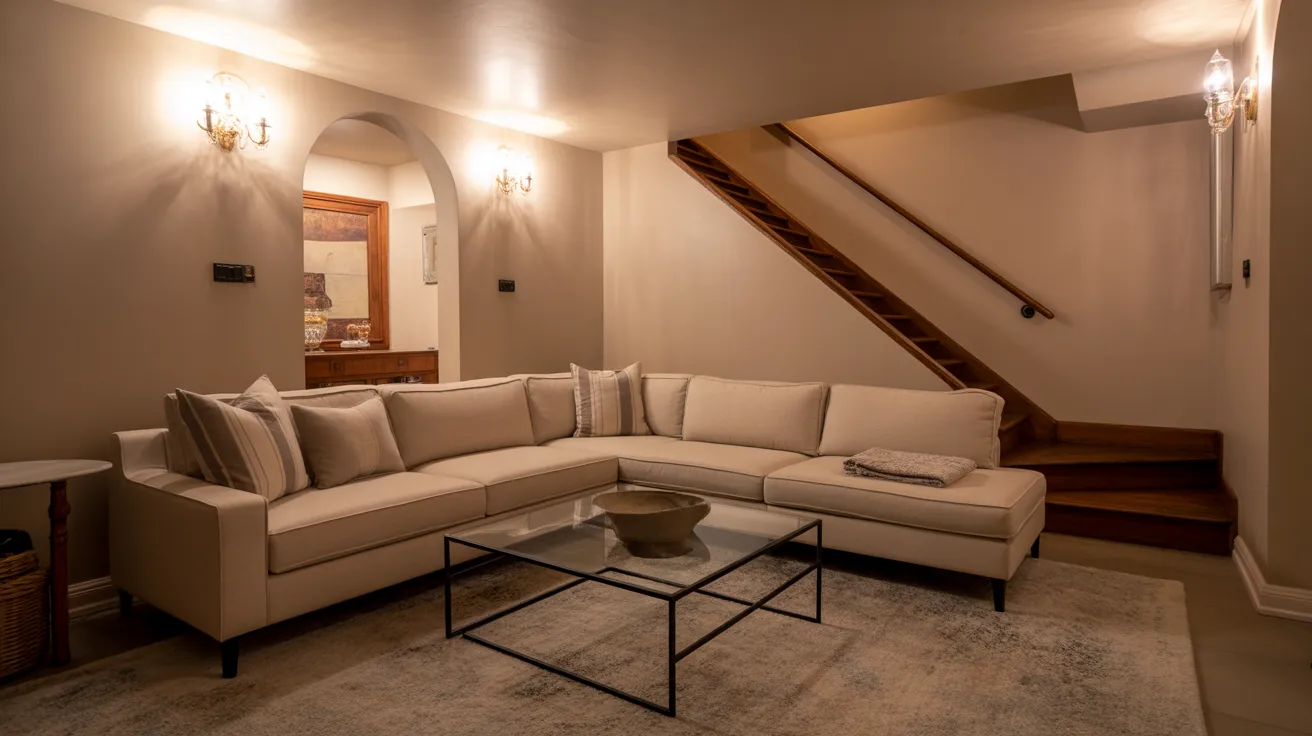 Finished basement with beige sectional, glass coffee table, wall sconces, and staircase.