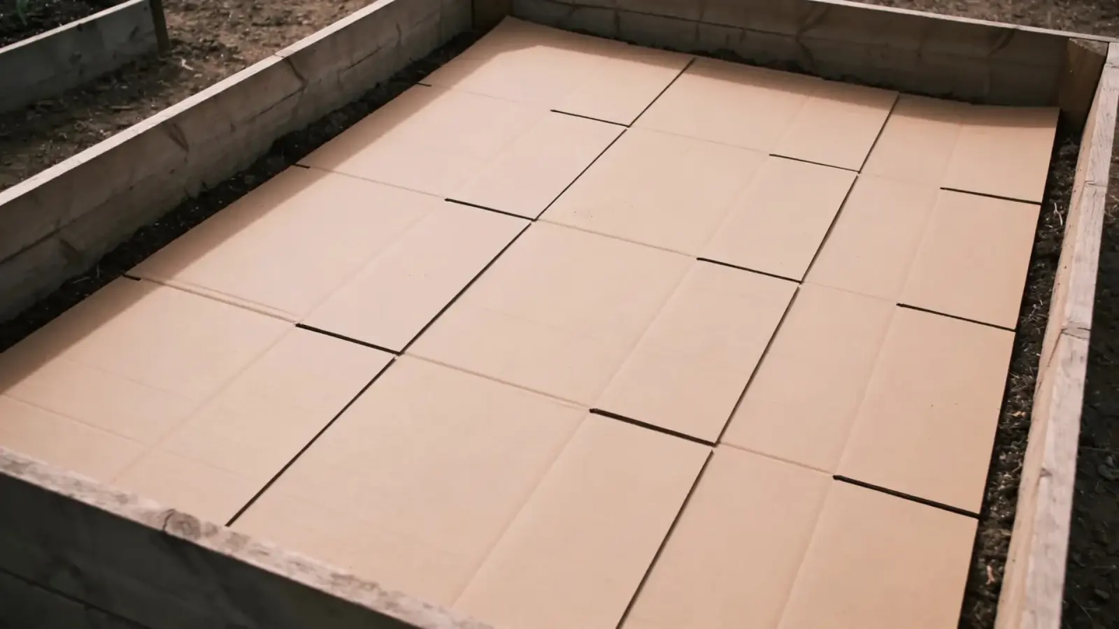 Flat cardboard sheets covering the base of a wooden raised garden bed frame