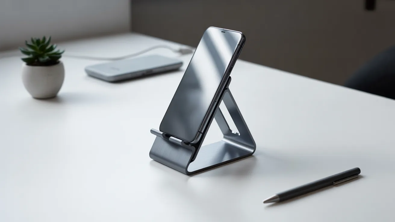 Foldable phone stand holding a smartphone upright on a clean minimal desk setup