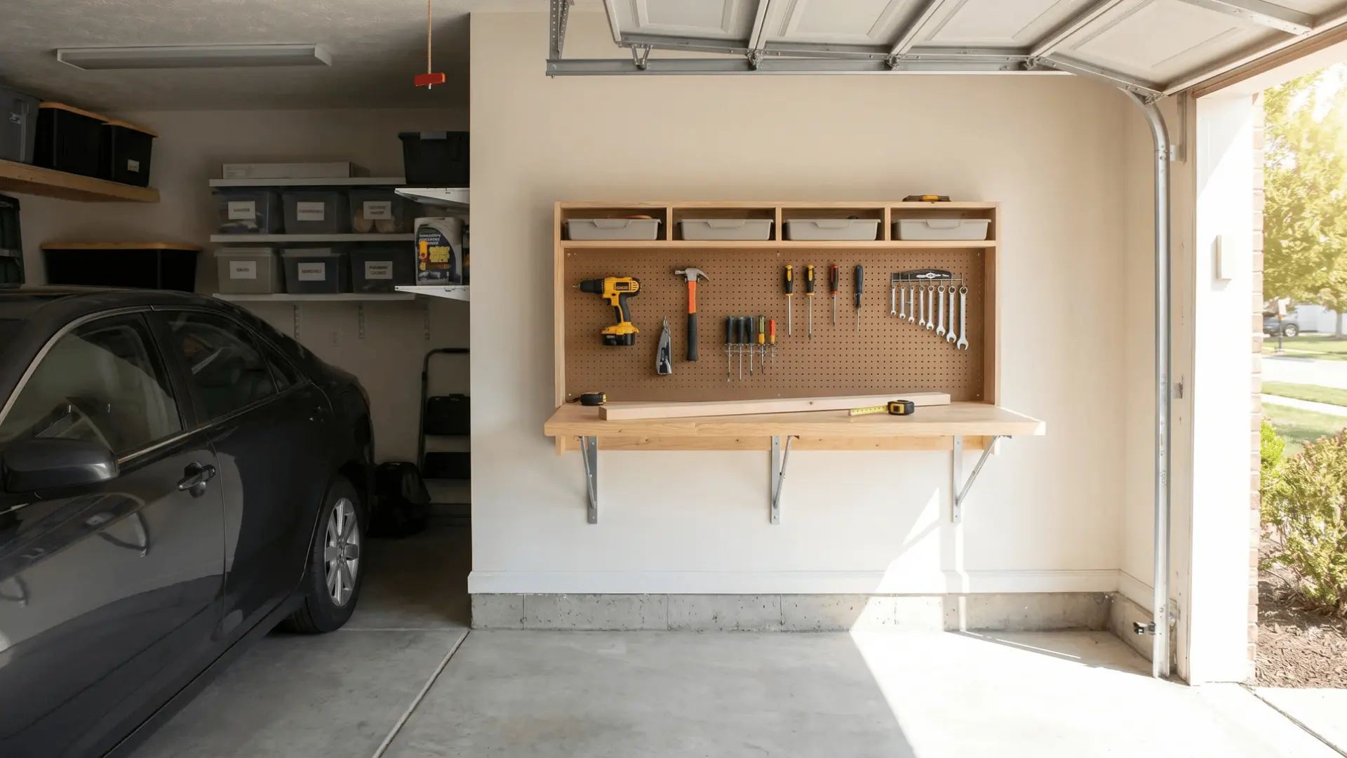 Foldable wall-mounted workbench in a small organized garage space