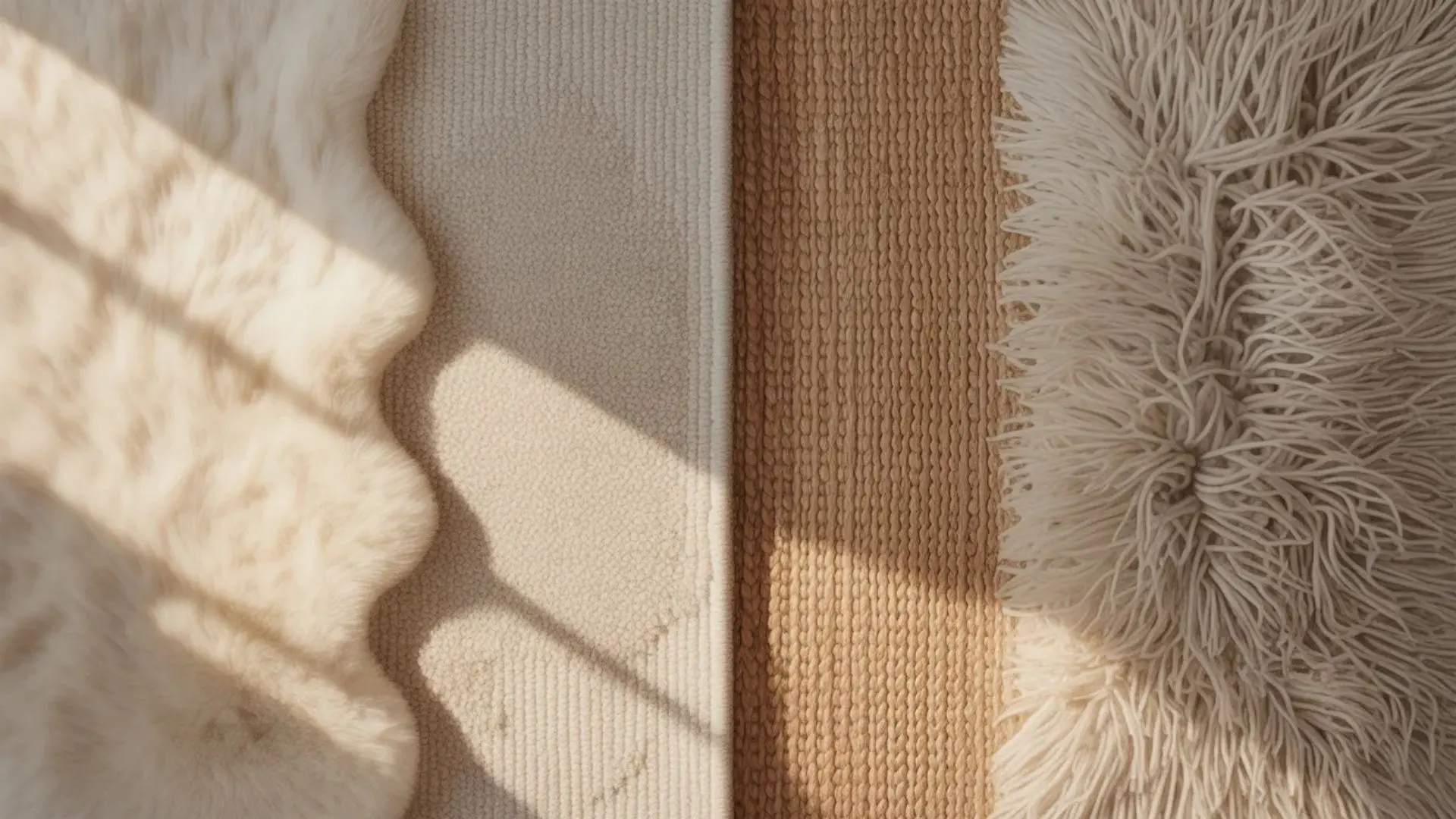 Four rug sections showing wool, synthetic, jute, and shag textures side by side