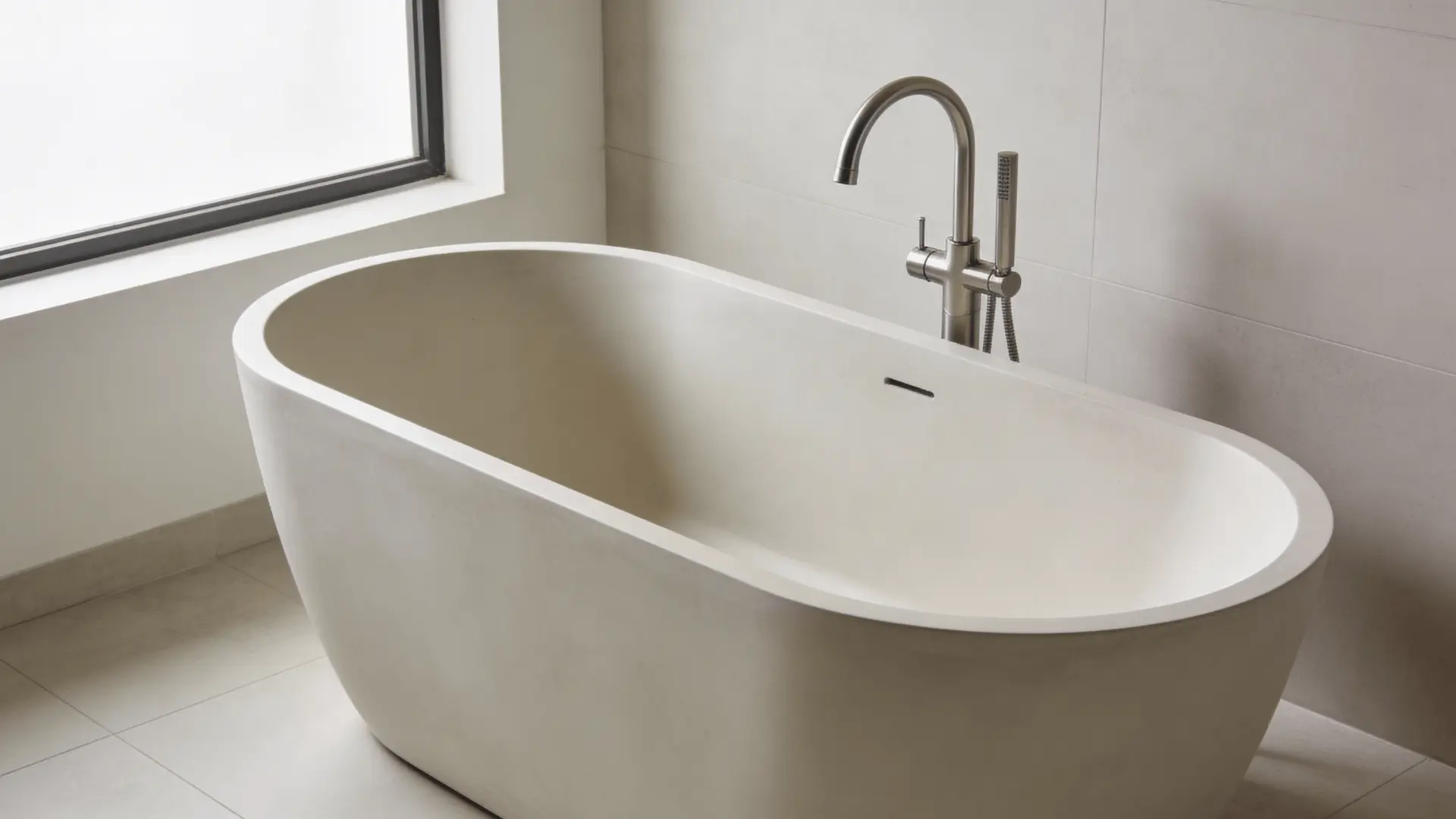 Freestanding bathtub with floor-mounted spout positioned higher above the rim in an open bathroom layout