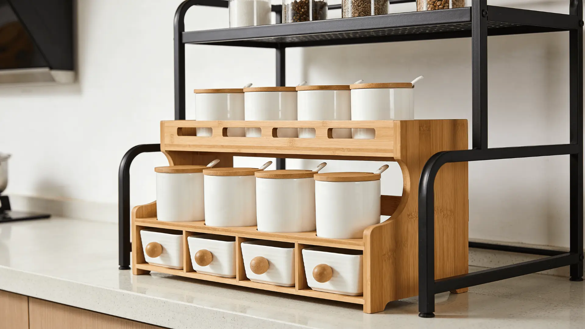 Freestanding spice rack with jars placed on a kitchen countertop in a simple setup