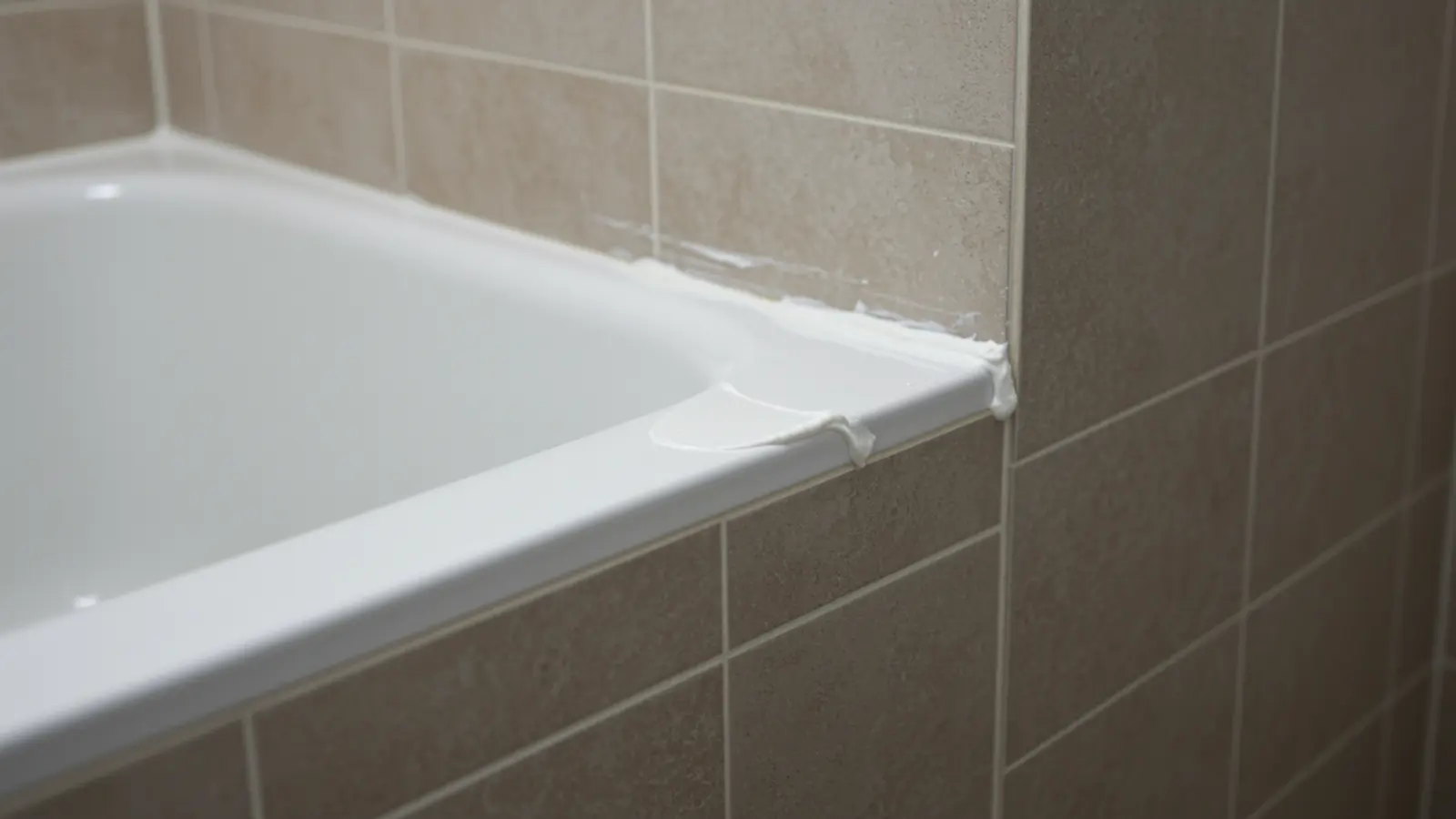 Fresh smooth caulk bead along bathtub and wall tile joint left undisturbed to cure