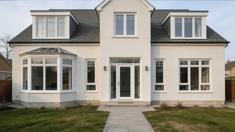 Front view of a modern two-story house with white exterior walls and multiple PVC-framed windows and a central glass door