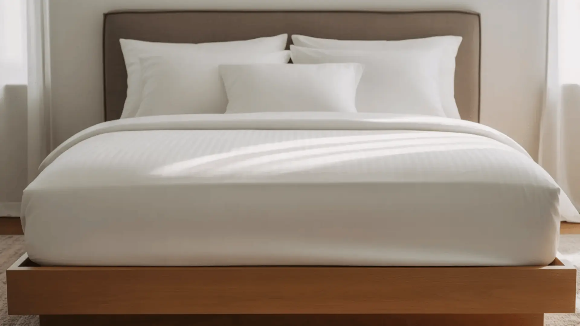 Front view of bed with white bedding and upholstered headboard