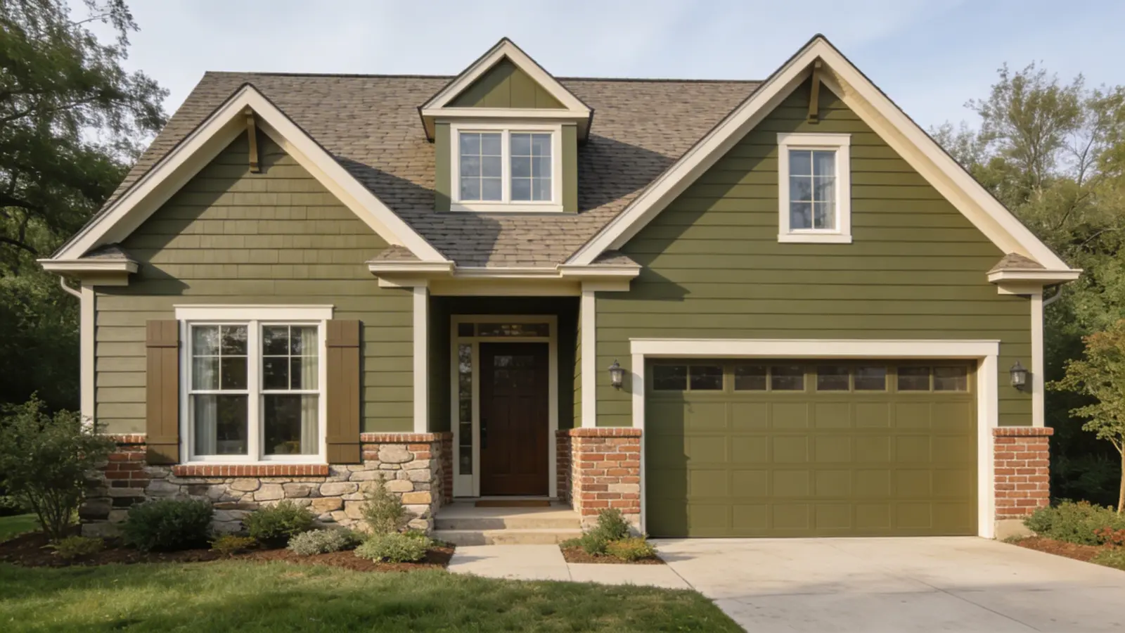 Front view of house painted dark green with brick and wood elements