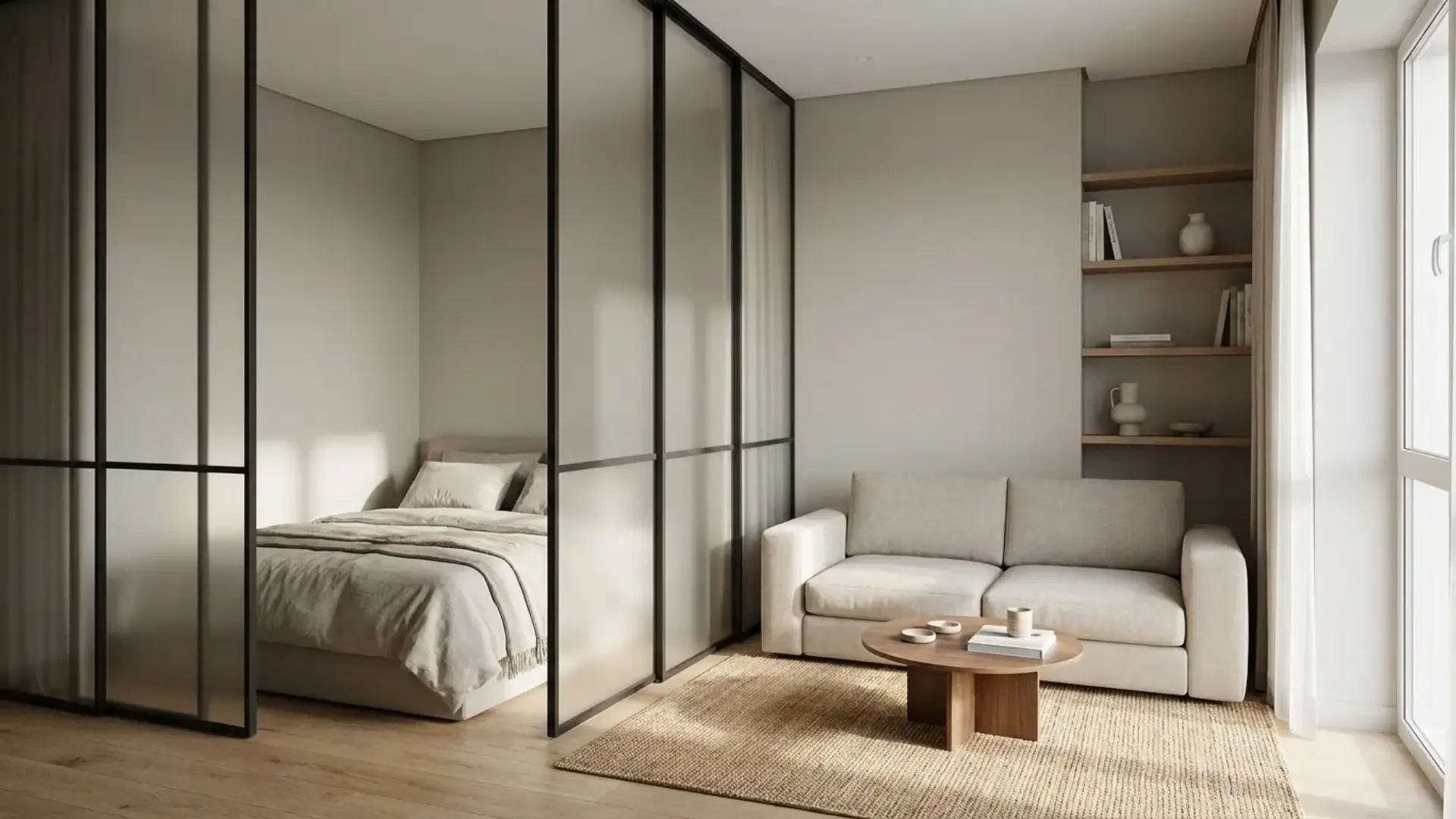 Frosted glass partition dividing a small room into bedroom and living areas with light passing through.