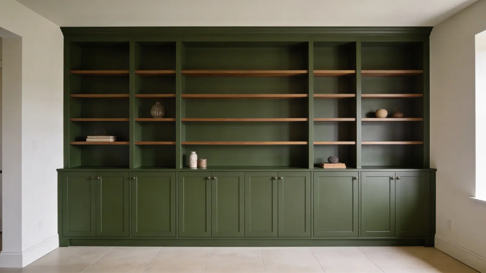Full wall of dark green built-in cabinets with wood shelves in a room (1)