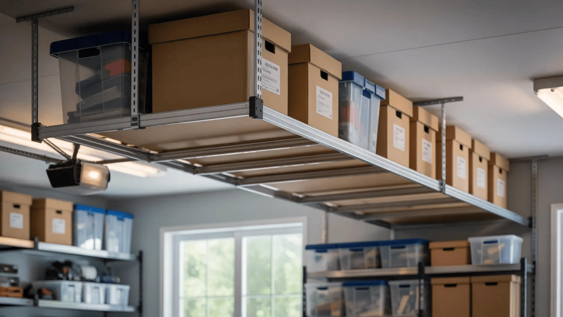 Garage ceiling racks holding storage bins and boxes