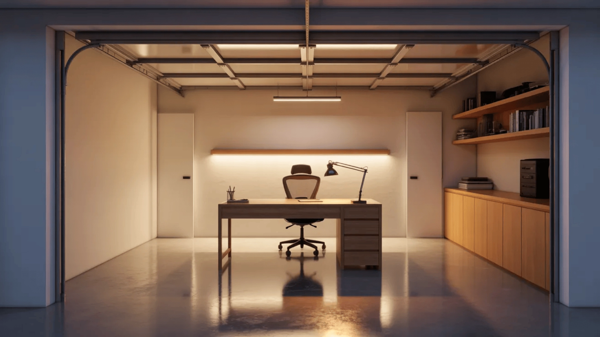 Garage converted into office with desk, chair, and lighting