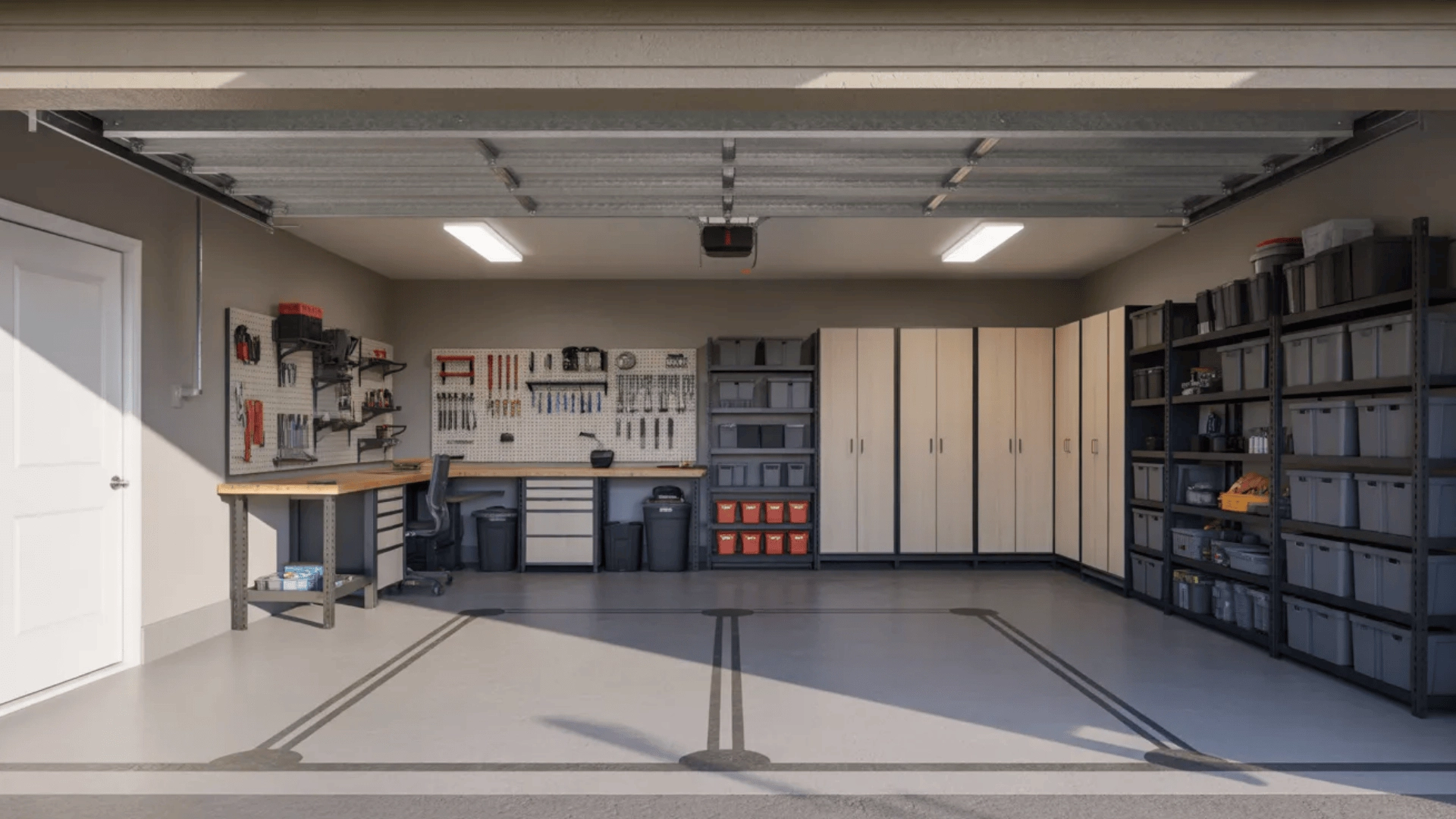 Garage divided into work, storage, and parking zones