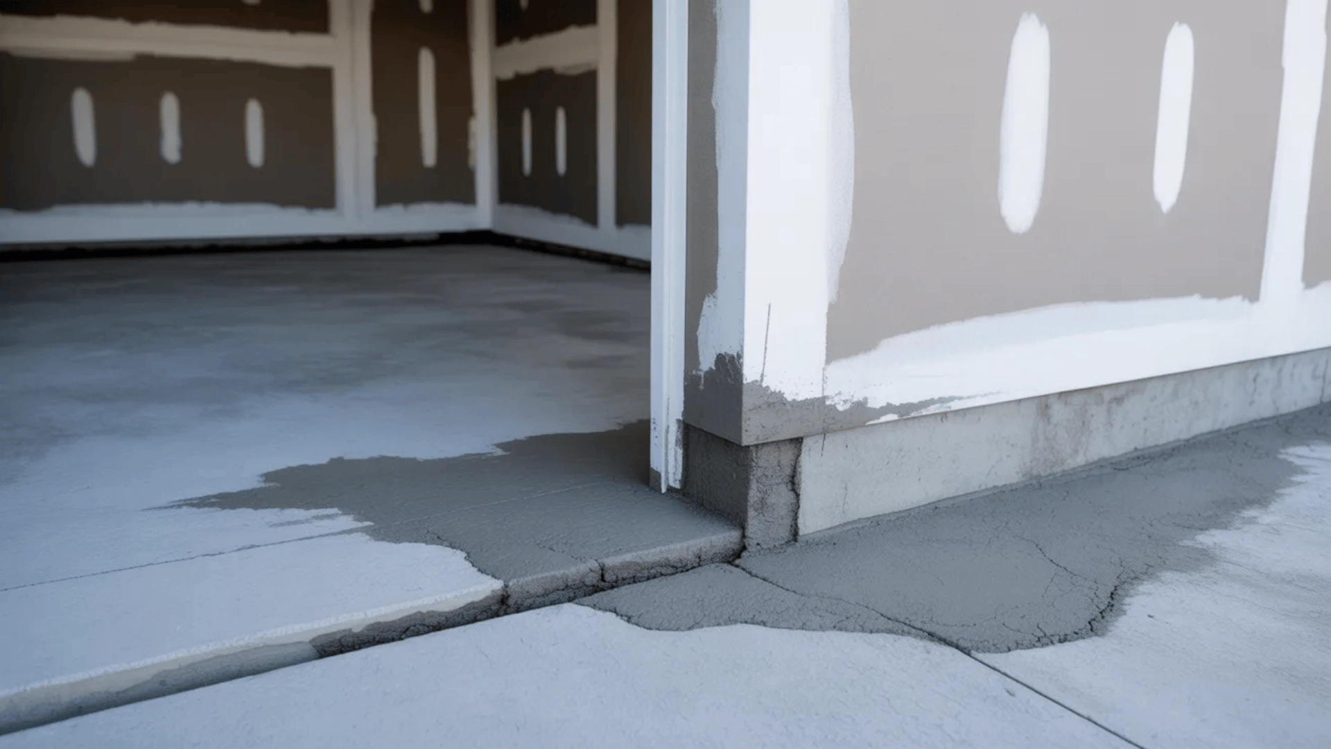Garage floor crack repair and patched wall surface