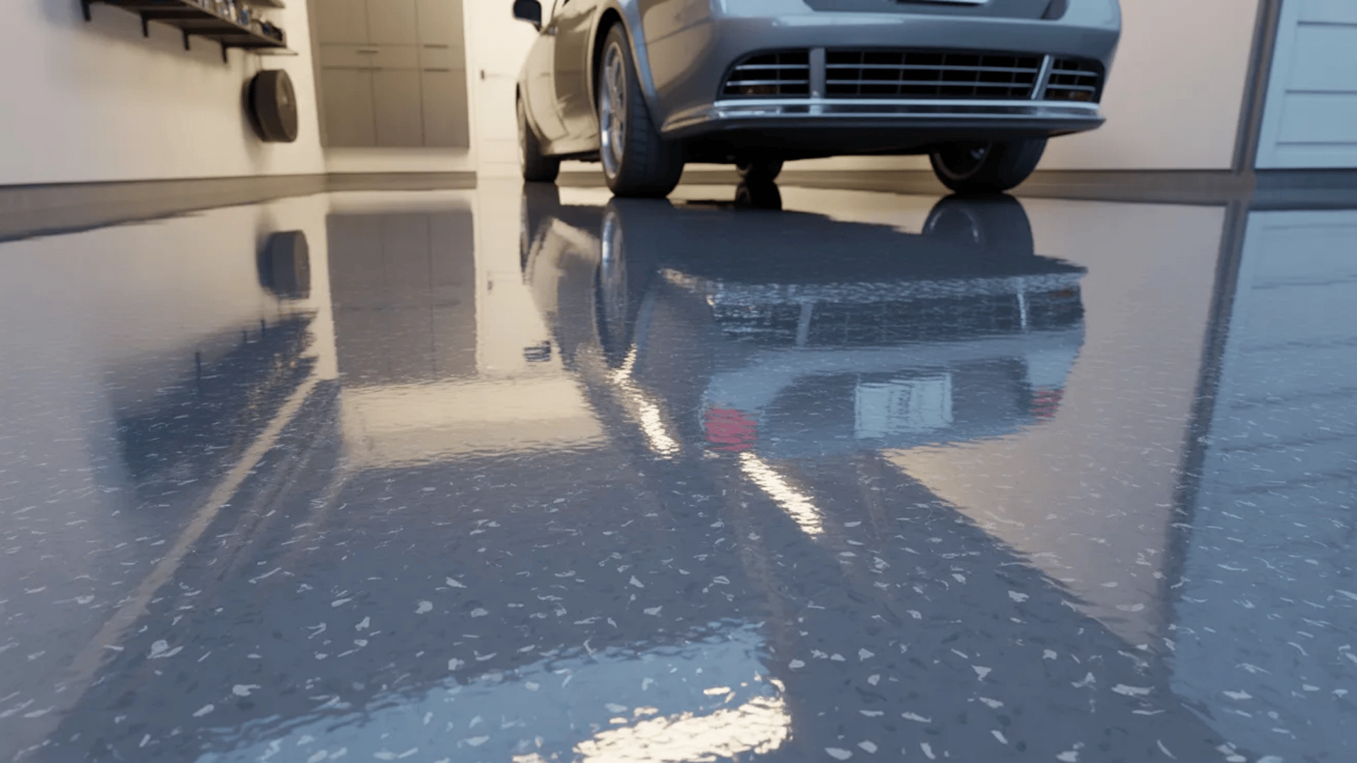 Garage floor with smooth epoxy coating and parked vehicle