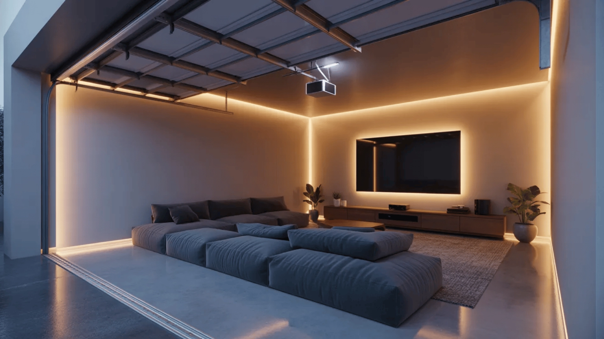 Garage lounge with seating, TV, and lighting setup