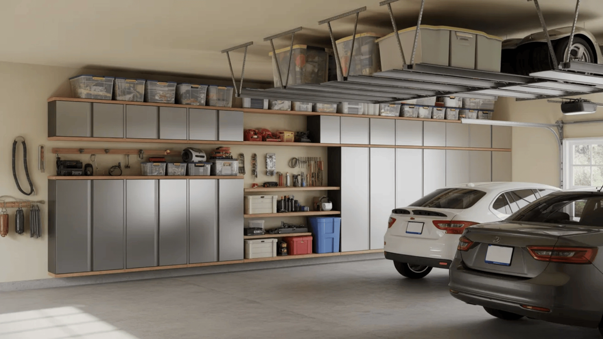Garage wall cabinets, shelves, and ceiling racks holding storage bins