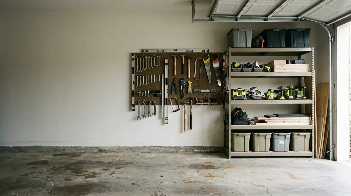 Pegboard with organized tools and shelves holding power tools and storage bins in a garage.