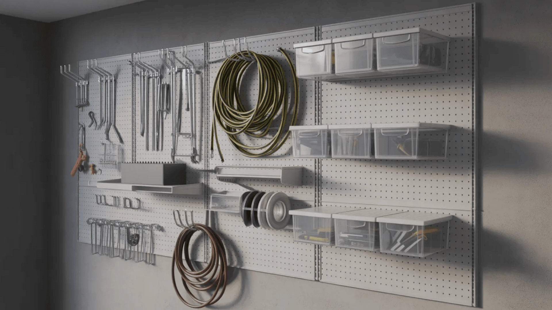 Garage wall with hooks, bins, and pegboard organizing tools