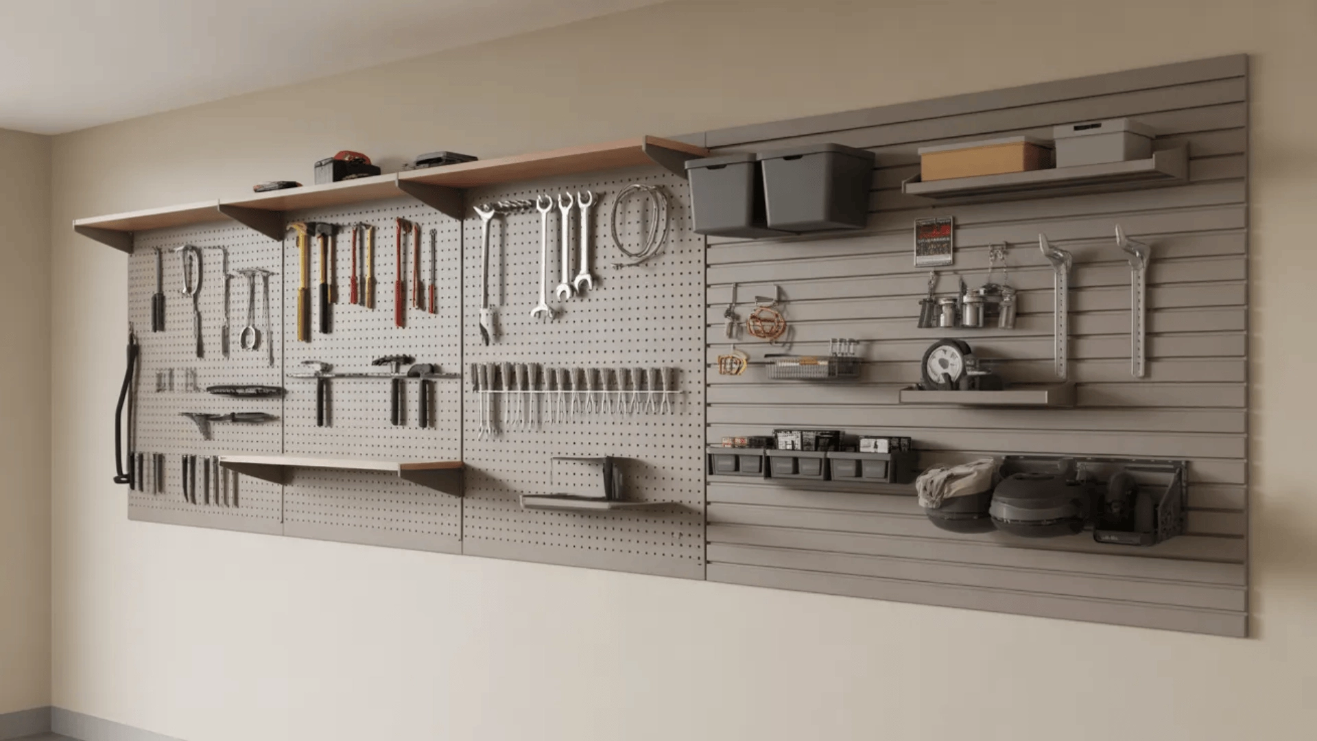Garage wall with pegboard, hooks, and mounted storage items