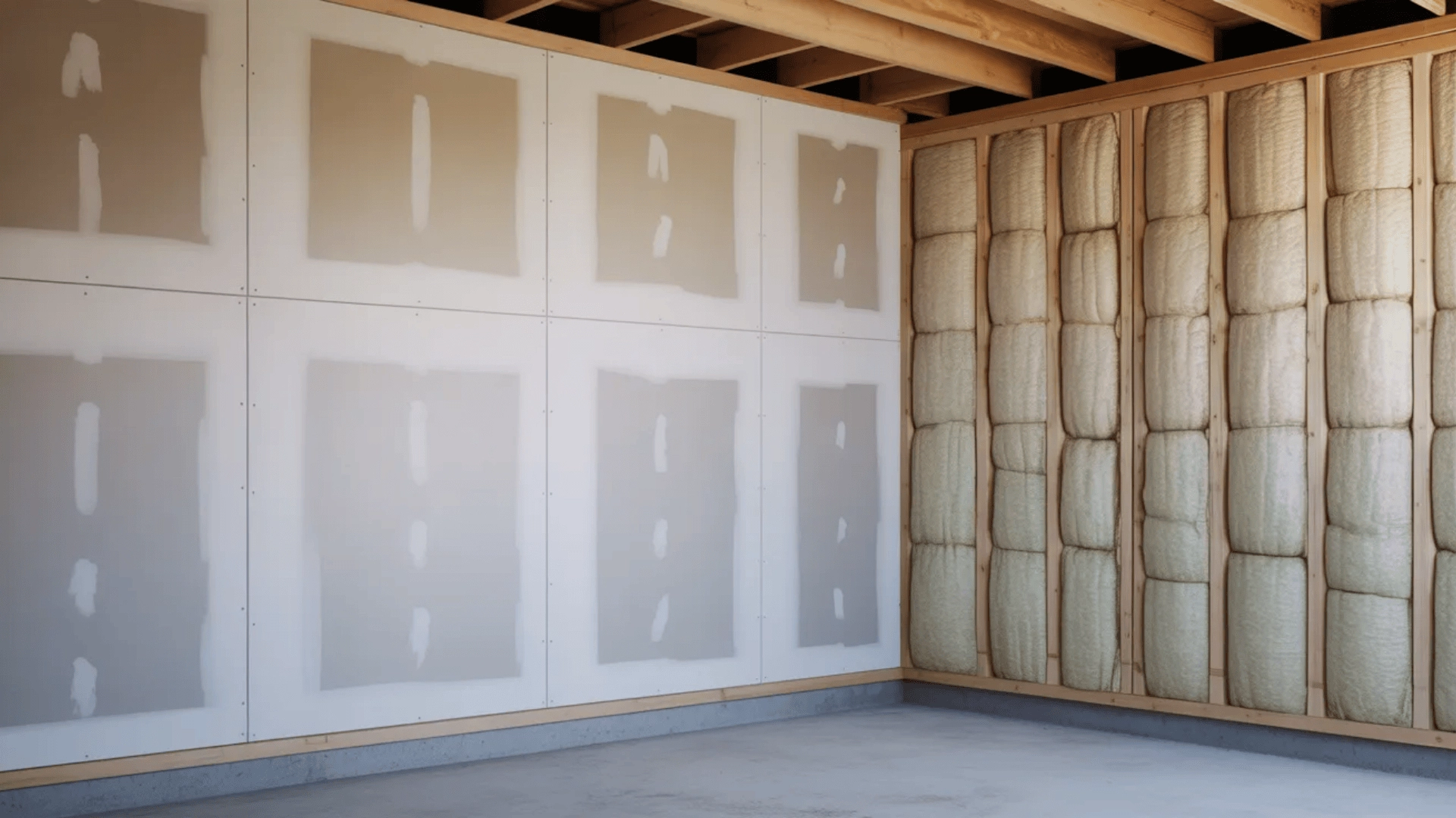 Garage walls covered with drywall panels and insulation