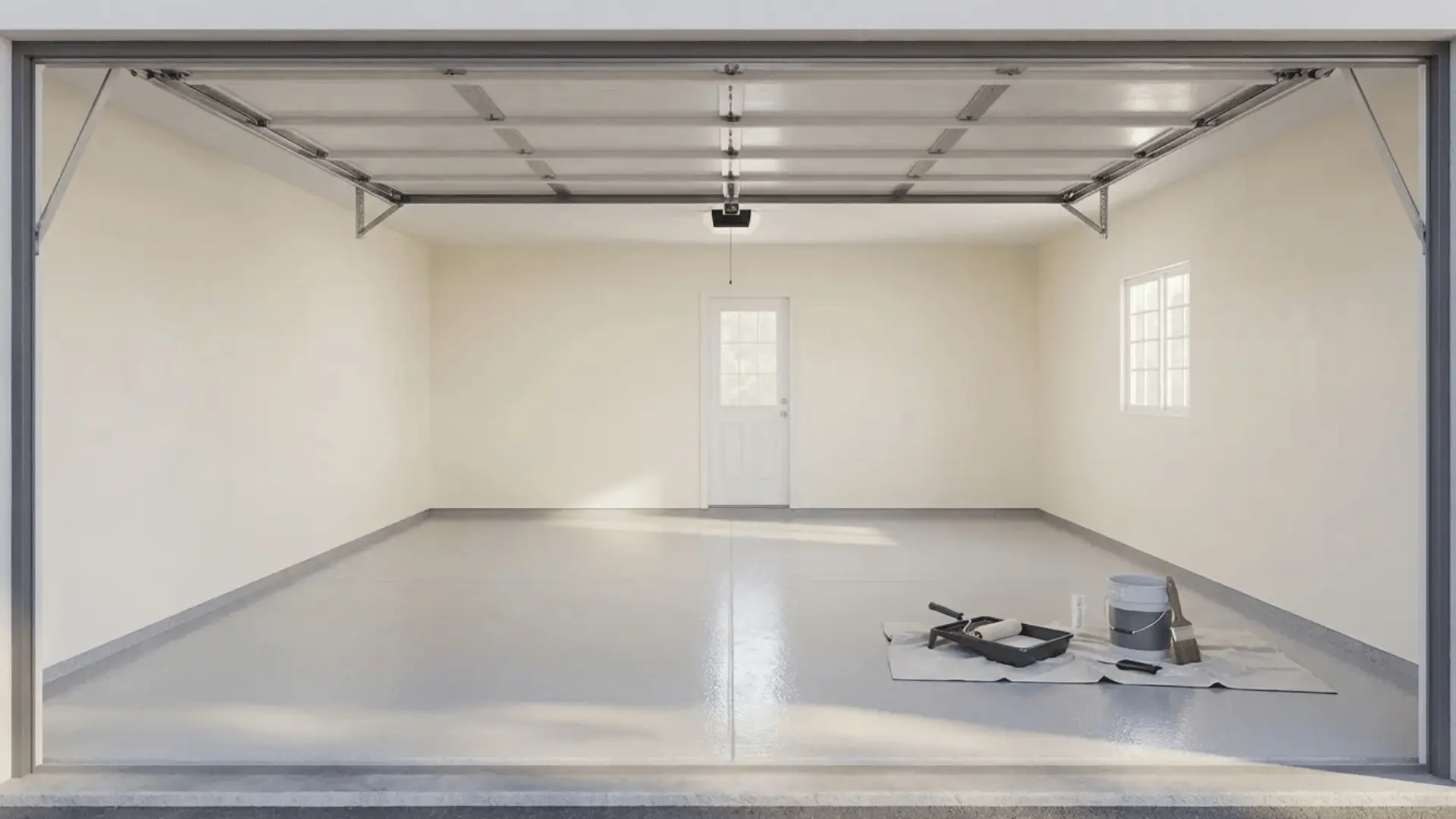 Garage with freshly painted walls and coated concrete floor, with paint tools placed on the side