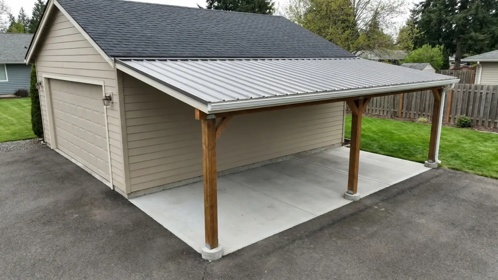 Garage with lean-to roof extension creating a covered carport area