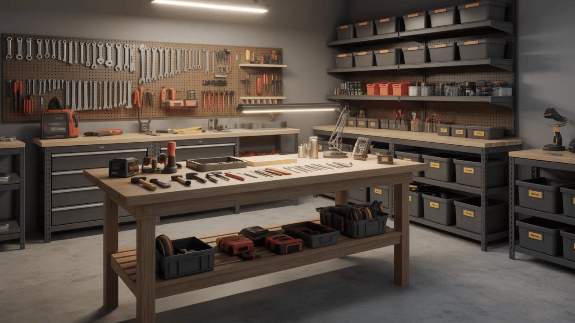Garage workshop with workbench, tools, and wall storage