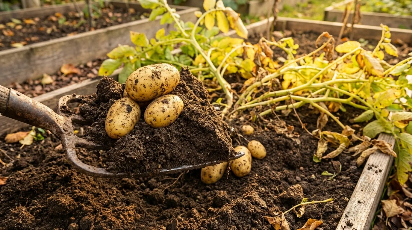 Garden fork digging up fresh potatoes from soil beside yellowing potato plant foliage