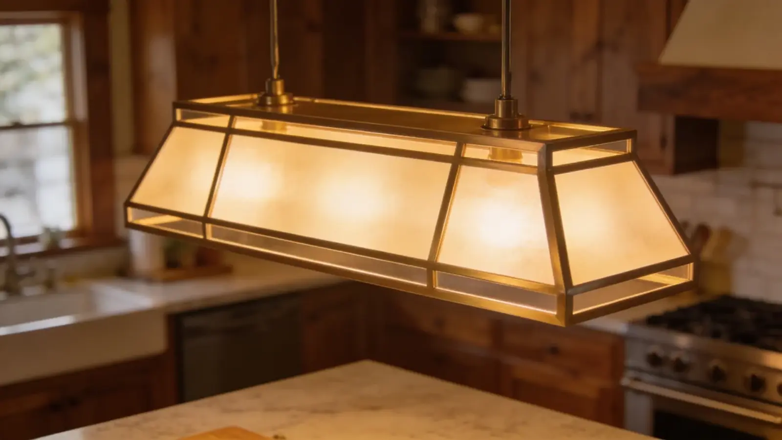 Geometric kitchen light fixture with warm light above counter