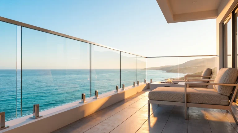 Oceanfront balcony with glass railing, beige outdoor seating, and view of mountains at sunset