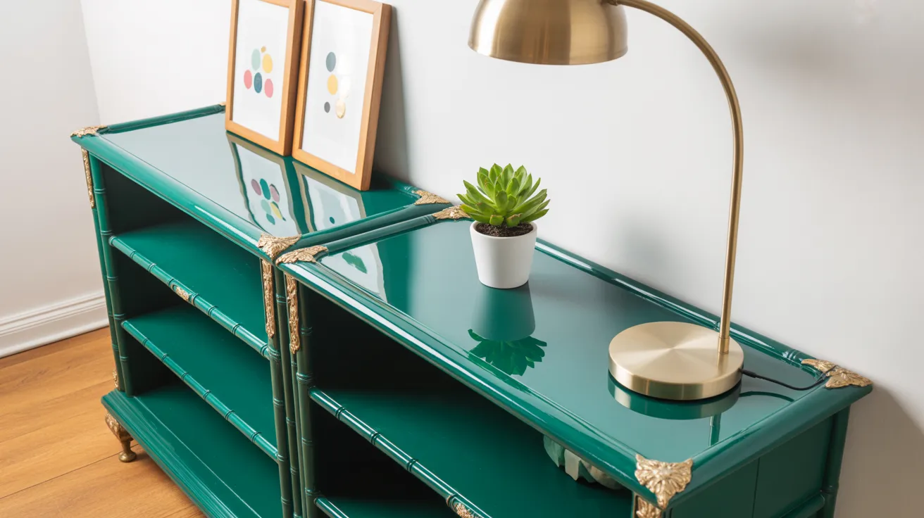 Glossy teal faux bamboo bookcase with gold hardware styled with art prints and a gold lamp.
