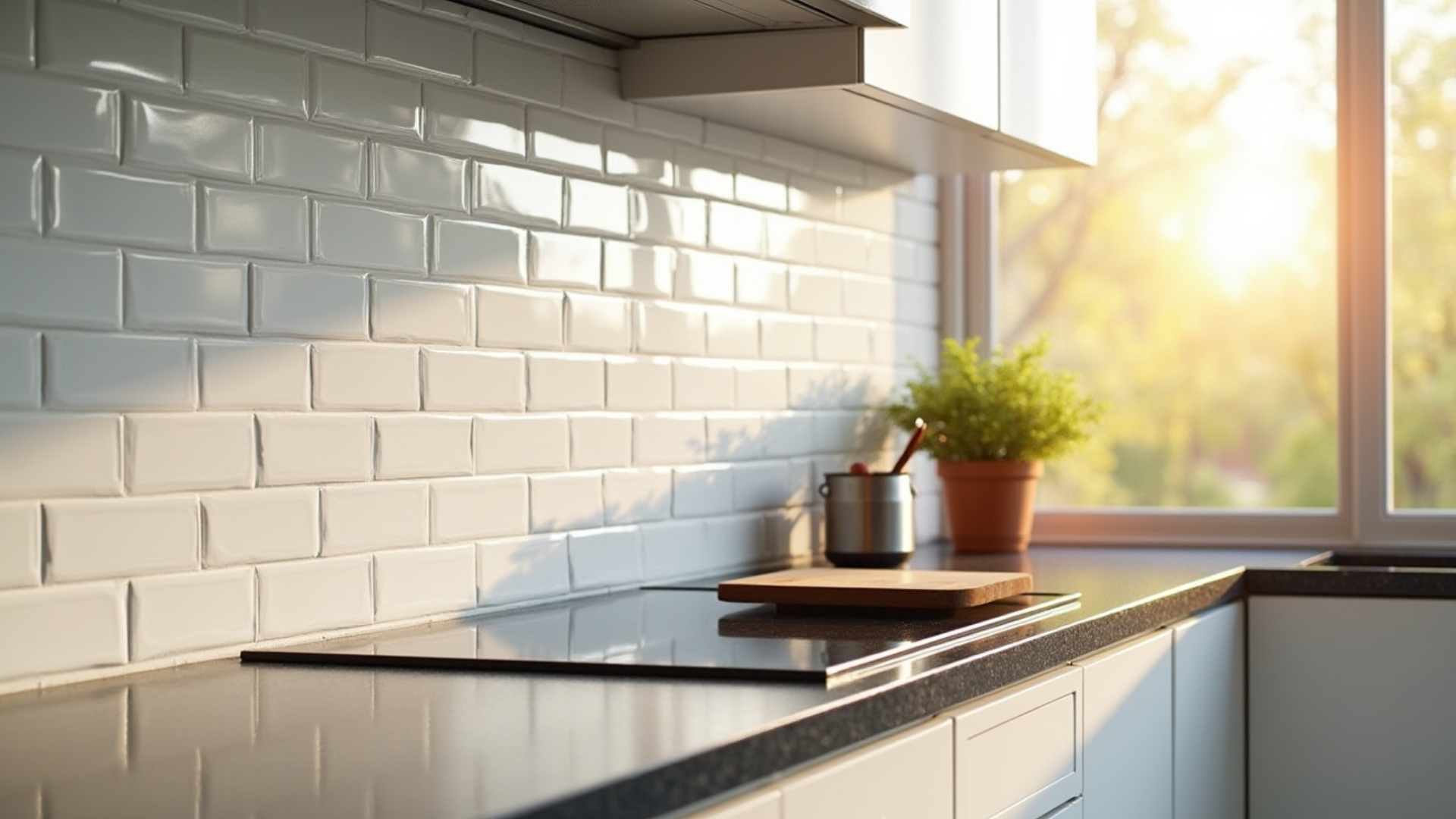 glossy white brick tile backsplash with light-reflecting surface in a sleek modern kitchen with black granite