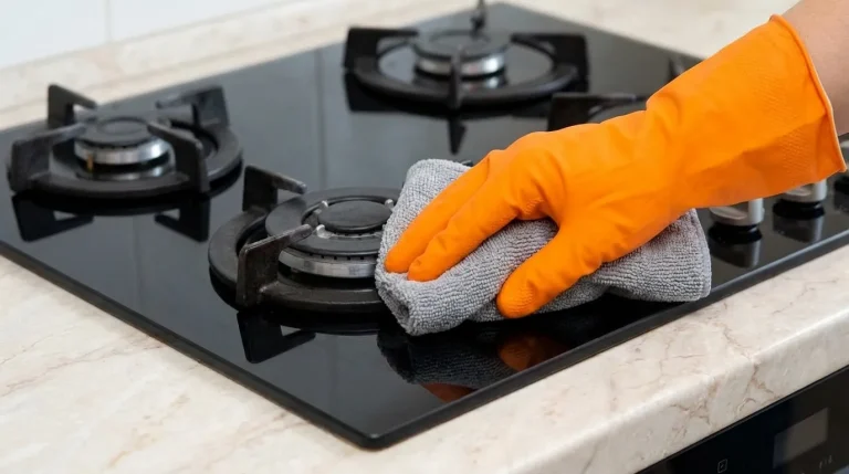 Gloved hand wiping black gas stovetop burner grates with a grey microfibre cloth